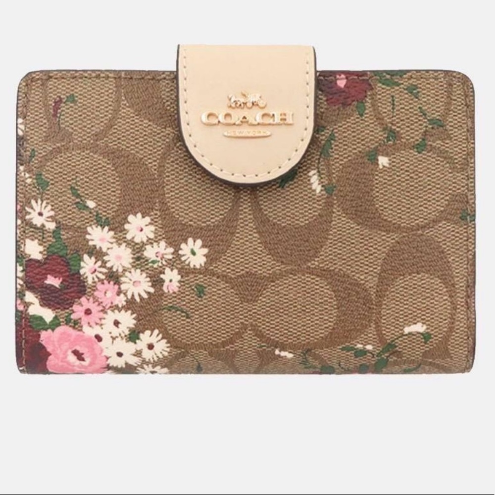 RARE Coach Medium Corner Zip Wallet Signature Canvas Evergreen Floral Print
